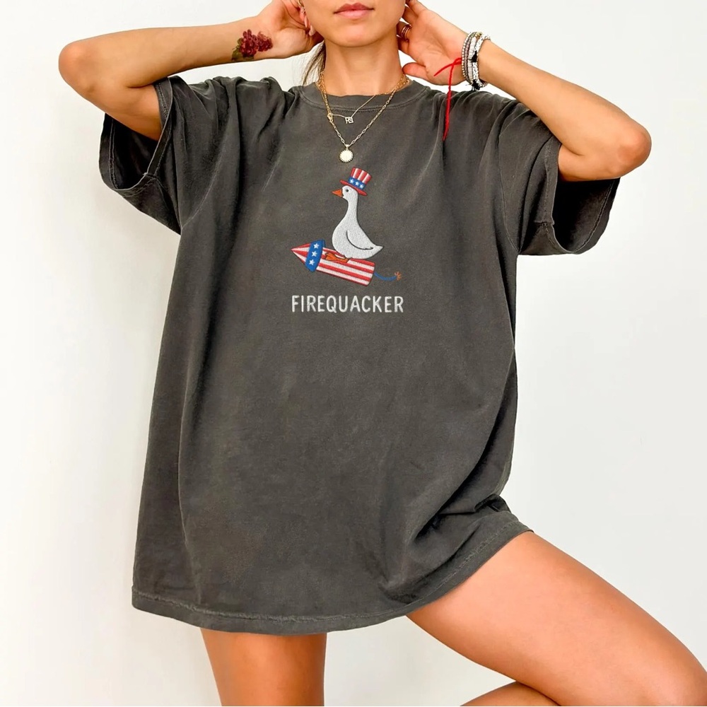 Fourth of July funny goose “Firequacker” Tee